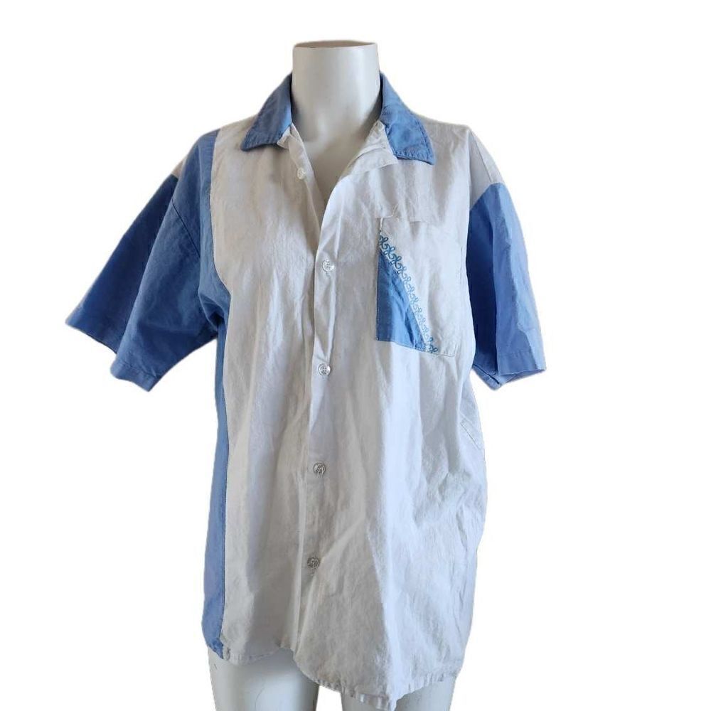 Blair Menswear Men's XL 100% cotton button up white blue short sleeve color bloc